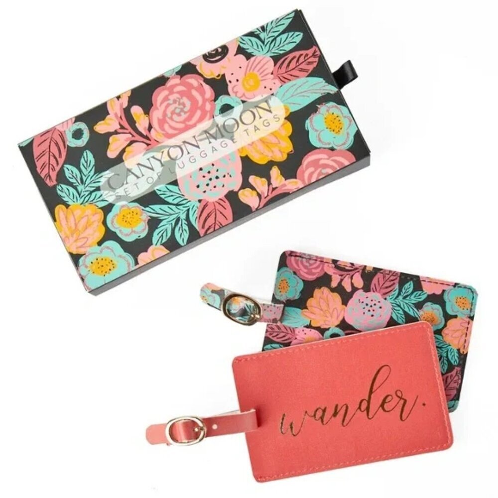 New boxed set of leather Canyon Moon Luggage Tags (‘Wander’ & Floral)